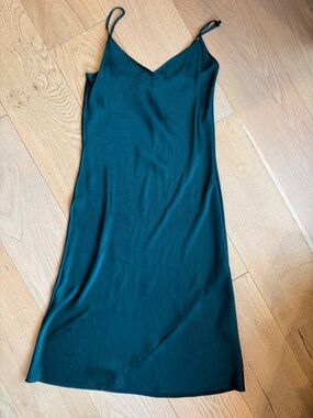 Wilfred Teal Satin Midi Slip Dress - V-Neck Spaghetti Straps